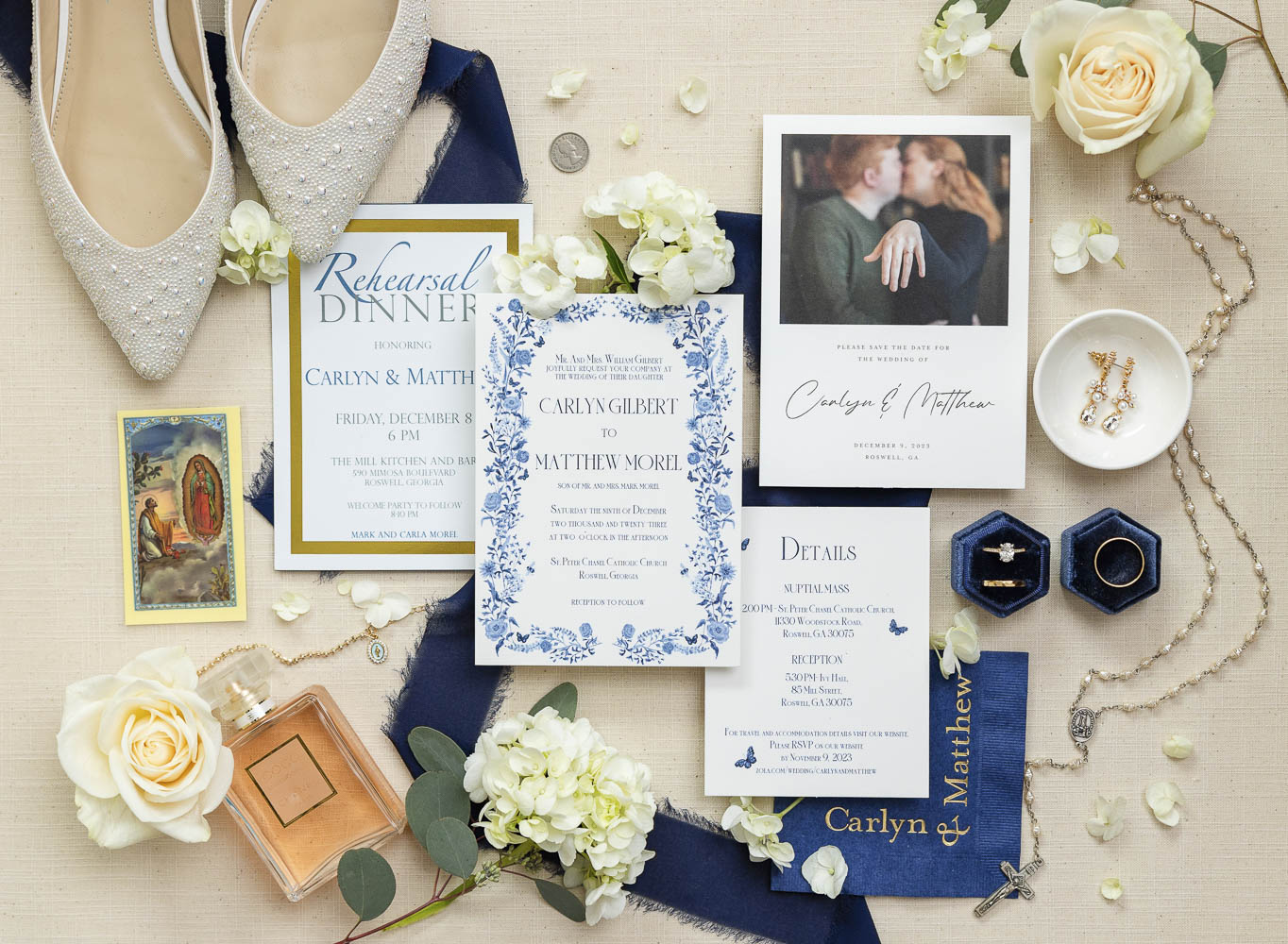 Catholic wedding flat lay with invitations